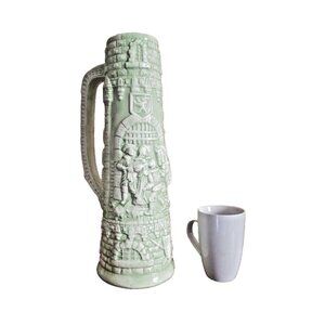 Vtg 16" Huge Ceramic Castle Knight Pitcher Stein Flagon Mid-Century Mint Green